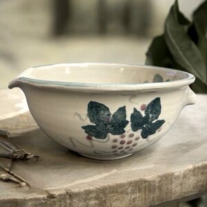 Handmade Bowl w/ Grape vines/ leaves. Singed by artist. Handle/ lip for pouring